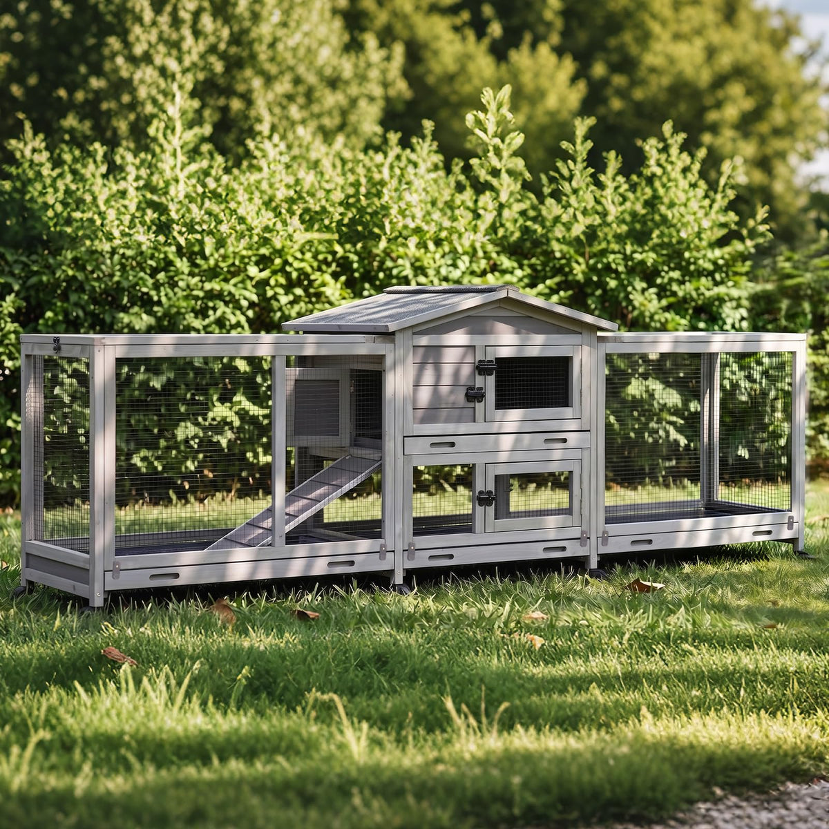 GUTINNEEN Large Rabbit Hutch Indoor with Chew-Proof Ramp, 62" L Wooden Rabbit Cage with 6 Casters, Bunny Cage with 2 Trays and 2 Story for Small to Medium Animals (Grey)