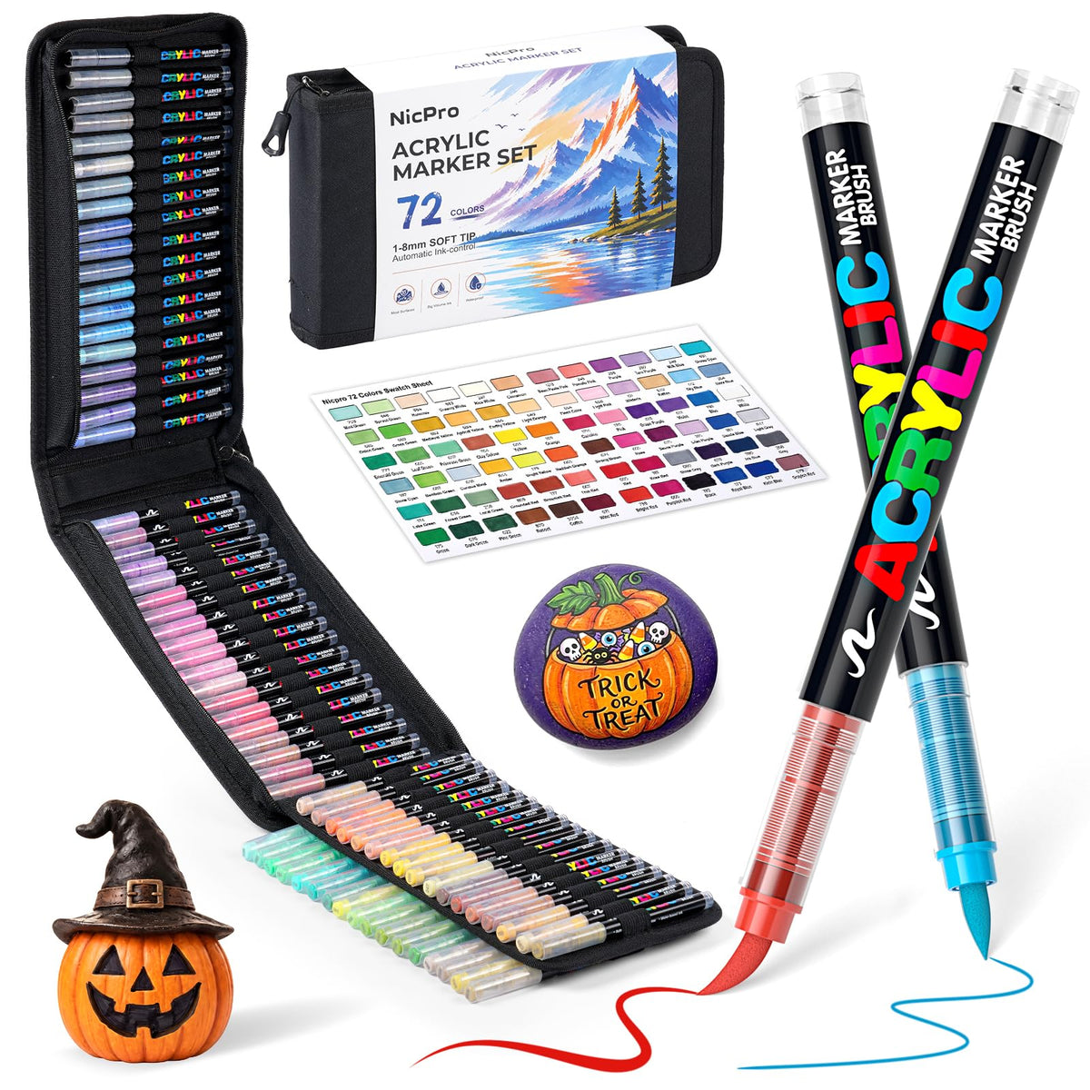Nicpro 240 Colors Acrylic Paint Markers, Brush Tip Paint Pens with Automatic Ink Control & Carrying Bag, Quick-Drying Acrylic Markers Set for Rock, Wood, Glass, Fabric, Models, 3D Prints & Crafts