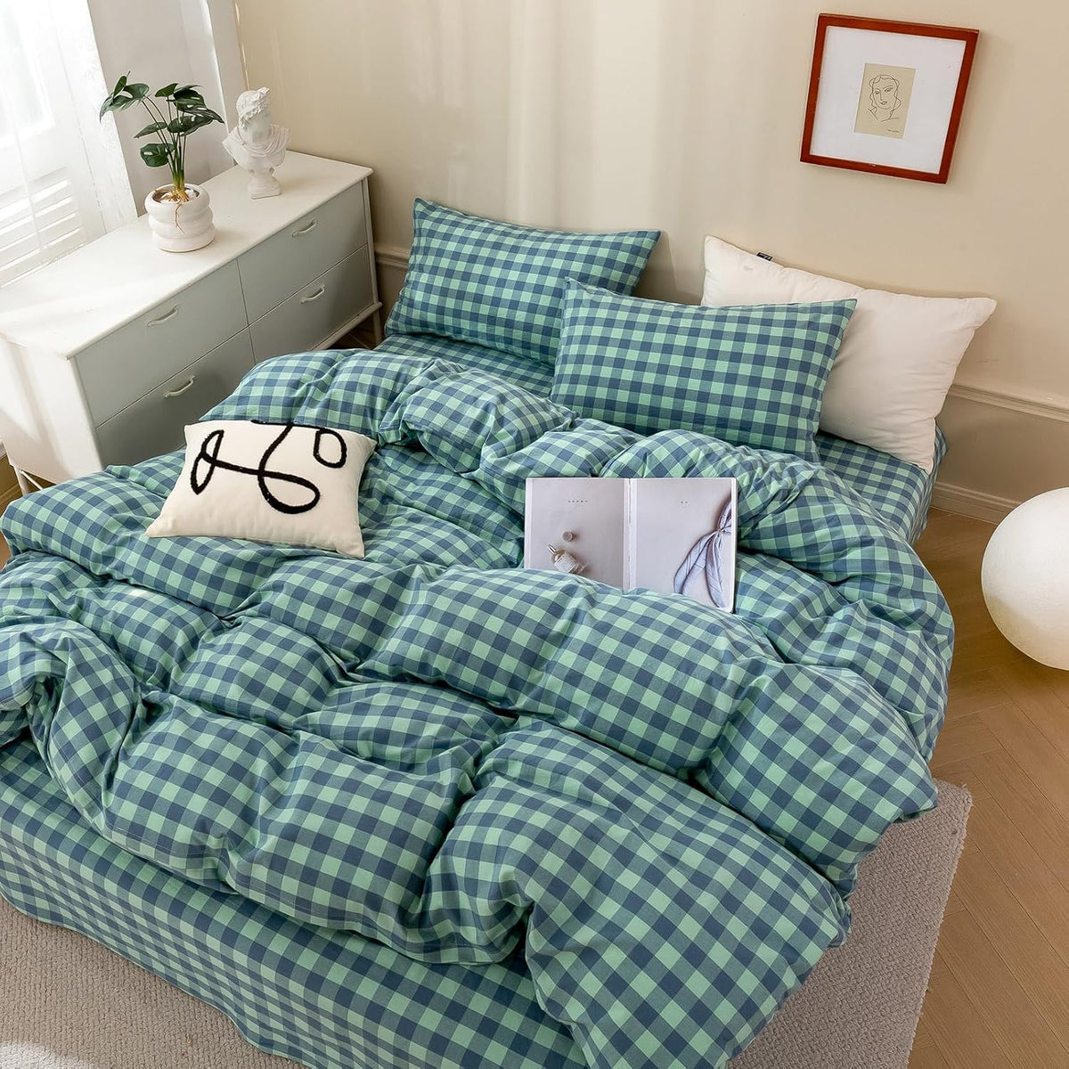 mixinni Vintage Buffalo Plaid Duvet Cover Set Queen Size - 3 Piece Washed Cotton Bedding Set with Grid Pattern, Soft & Breathable Duvet Cover with Pillowcases for All Seasons,(Brown & Blue,Beige)