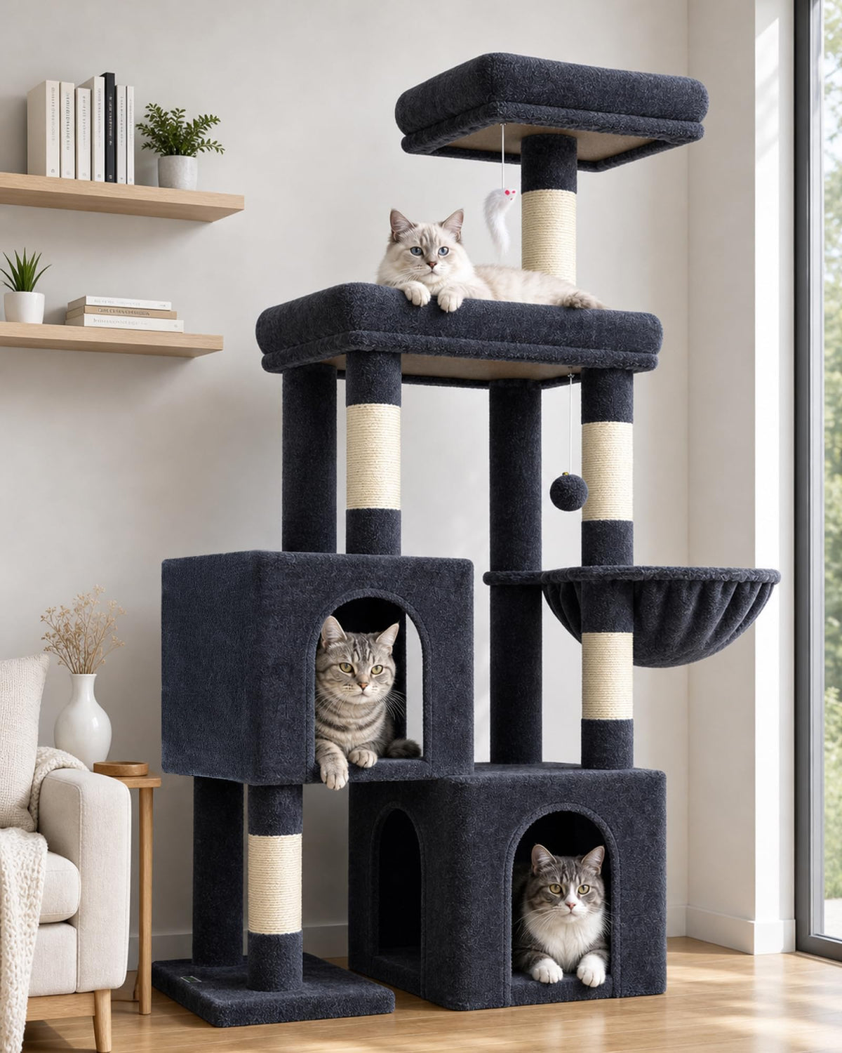 Globlazer 52in Cat Tree Tower for Indoor Cats, 2 Condos, S52, Light Grey