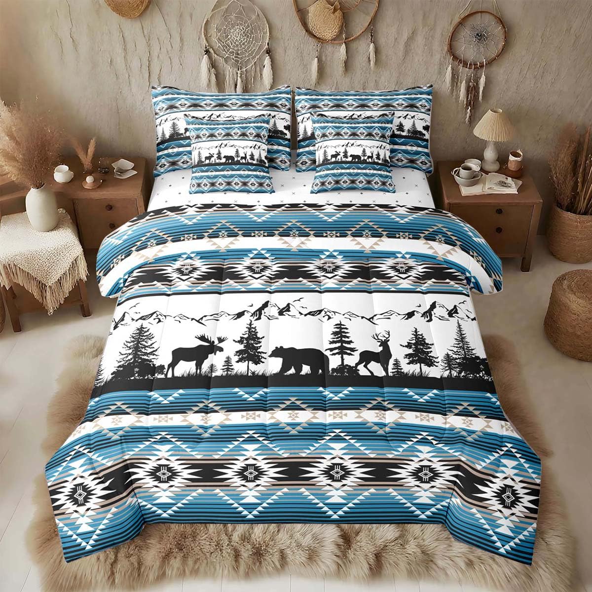 Feelyou Deer Comforter Set with Sheets King Size 7 piece Kids Rustic Deer Hunting Bedding Set Cabin Lodge Deer Bed in a Bag Farmhouse Nature Wildlife Antlers Brown Bed Set