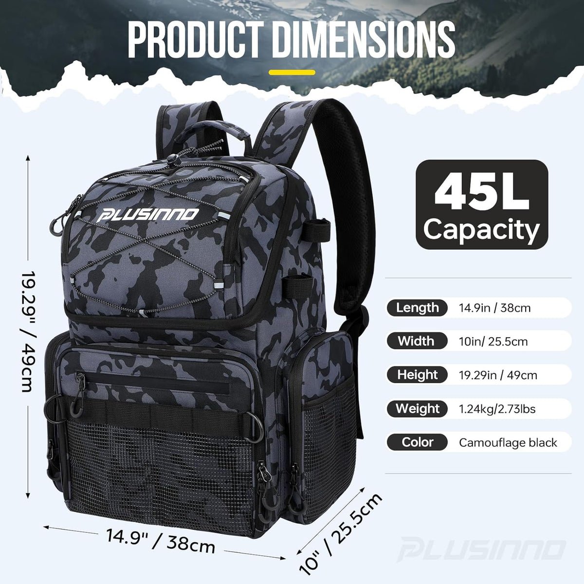 PLUSINNO Cooler Fishing Backpack with Rod Holders 45L Large Water-resistant Fishing Tackle bag Store Fishing Gear Fishing Gifts for Men Father