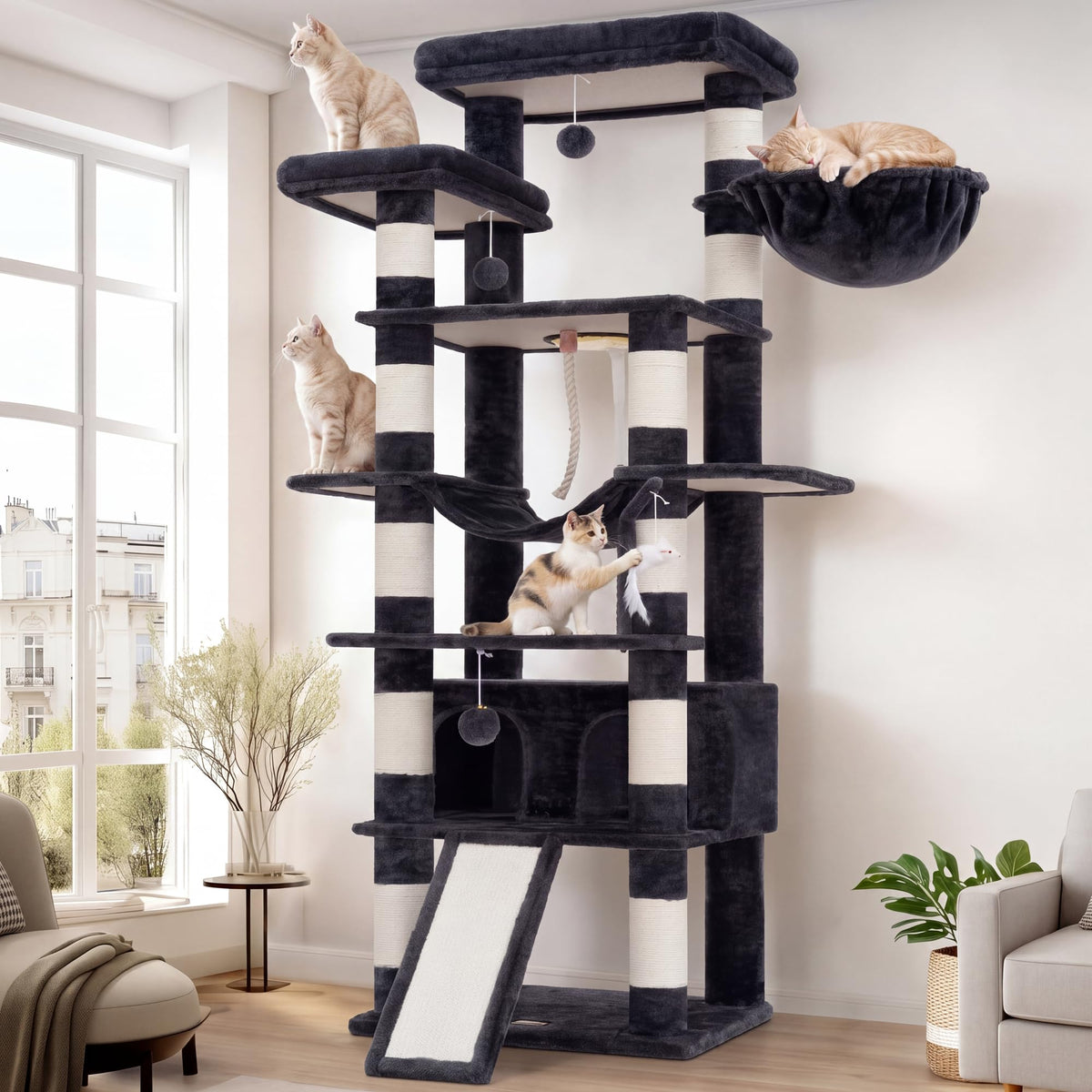 Heybly Cat Tree, 71-Inch-Tall Tower for Indoor Cats with 2 Perches HCT034G
