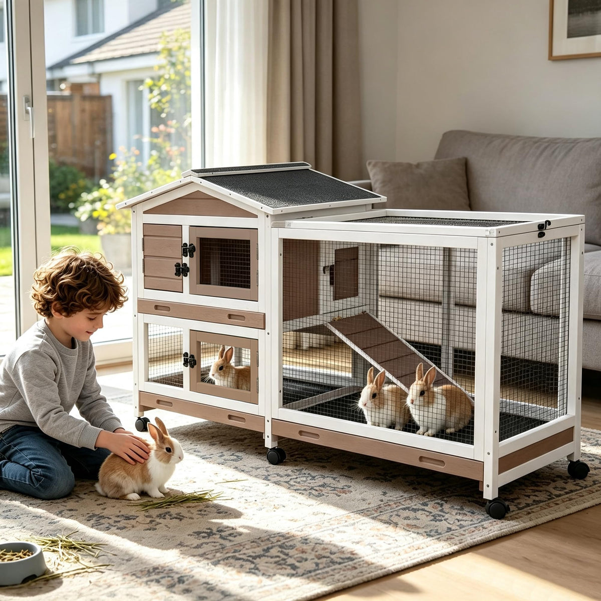 Extra Large Wooden Rabbit Hutch on Wheels with Reinforced Full Iron Frame