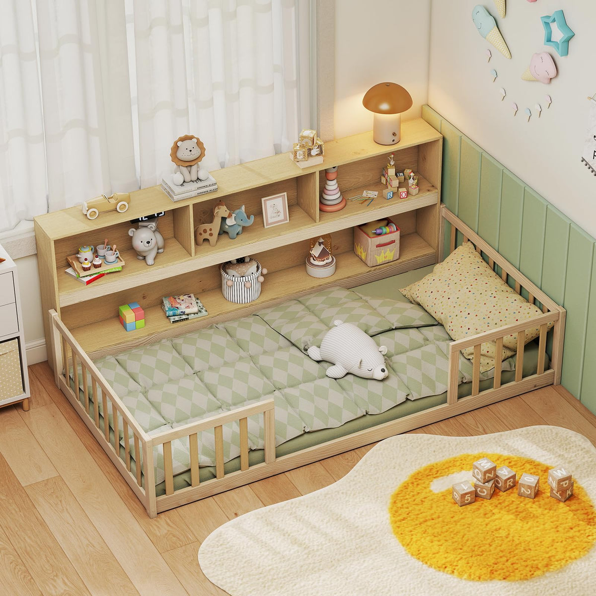Giantex Twin Floor Bed with Fence for Kids, Wooden Montessori Bed Frame with Lockable Door & Guardrails, Low Floor Beds for Kids, Boys, Girls, No Box Spring Needed, Without Wood Slats, Natural