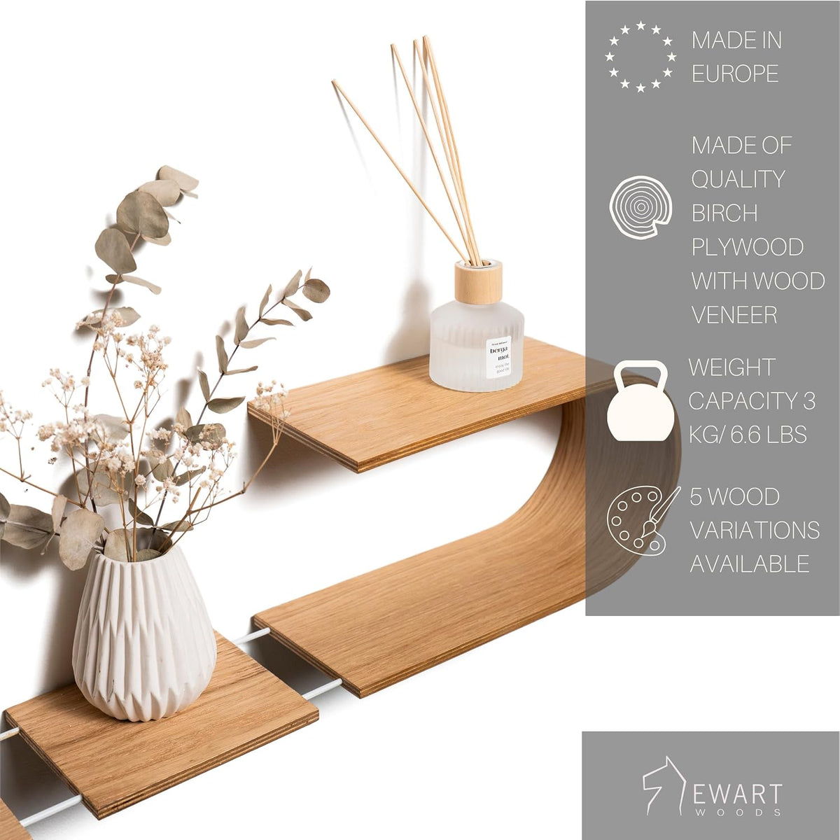 EWART WOODS Floating Wall Mounted Oval Shelf from Wood, Decorative Geometric Wooden Shelves for Candles, Unique Oak Hanging Display Decor (Wenge)