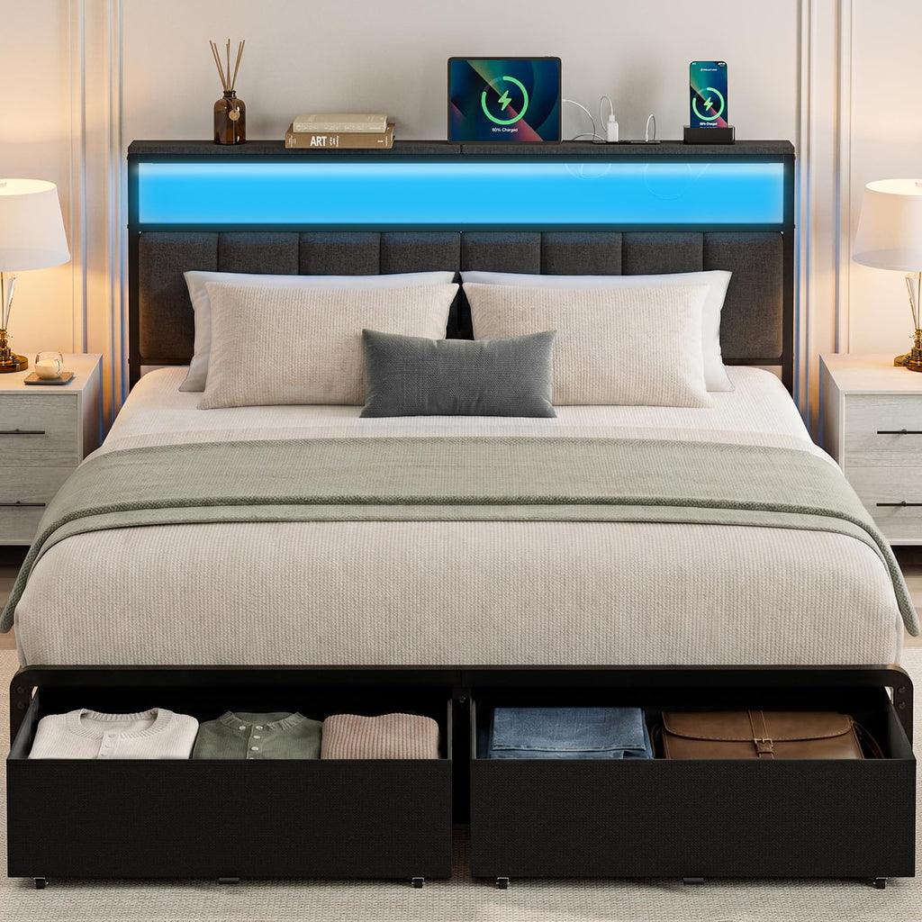 Queen Bed Frame with 2 Storage Drawers, Grey Upholstered