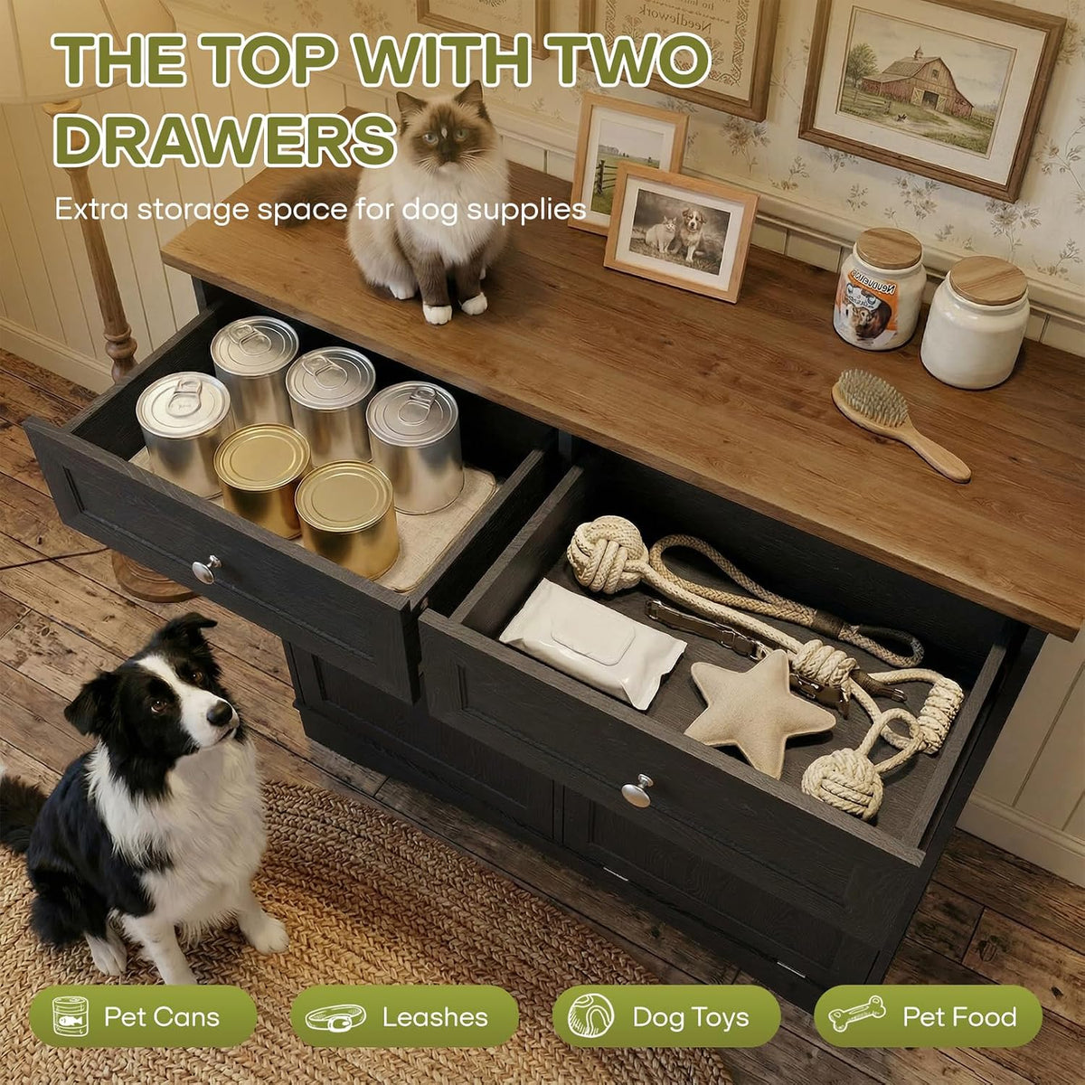 Furnaza Pet Feeding Station with 4 Bowls,Dual Doors Dog Cabinet Storage