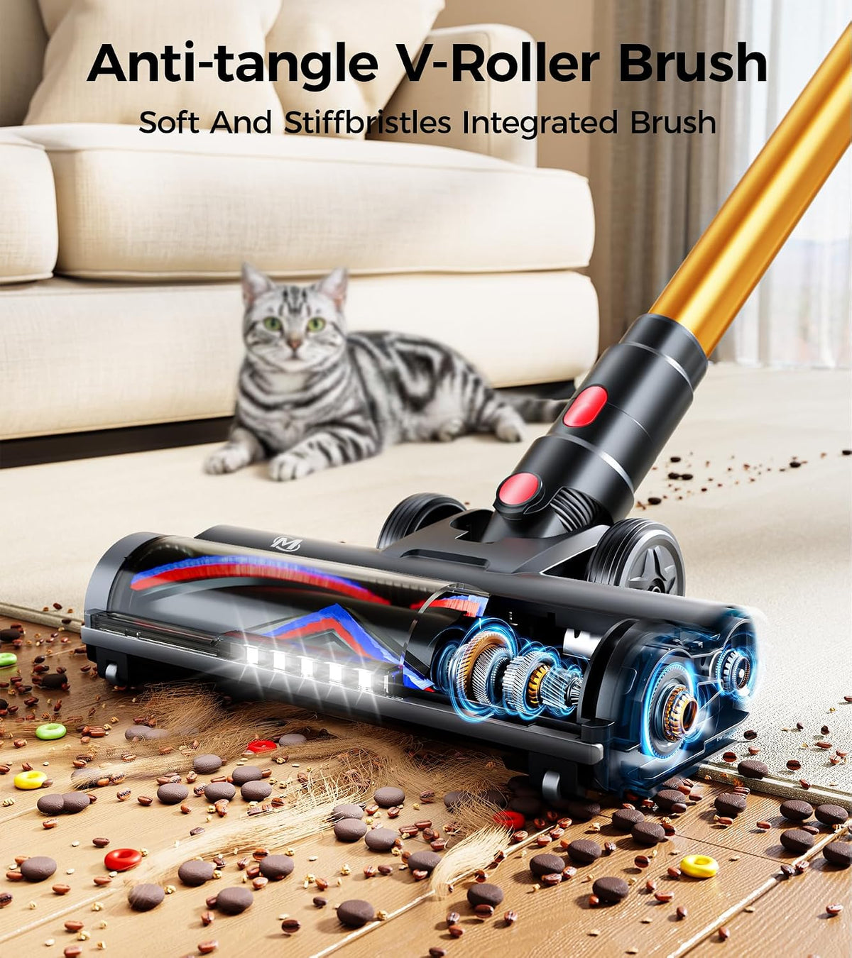 Cordless Vacuum Cleaner, 600W 50KPA 65Mins Vacuum Cleaners for Home, Stick Vacuum with Self-Standing,Touch Screen, Anti-Tangle Brush, 8-in-1 Lightweight Wireless Vacuum for Pet Hair Carpet Hard Floors
