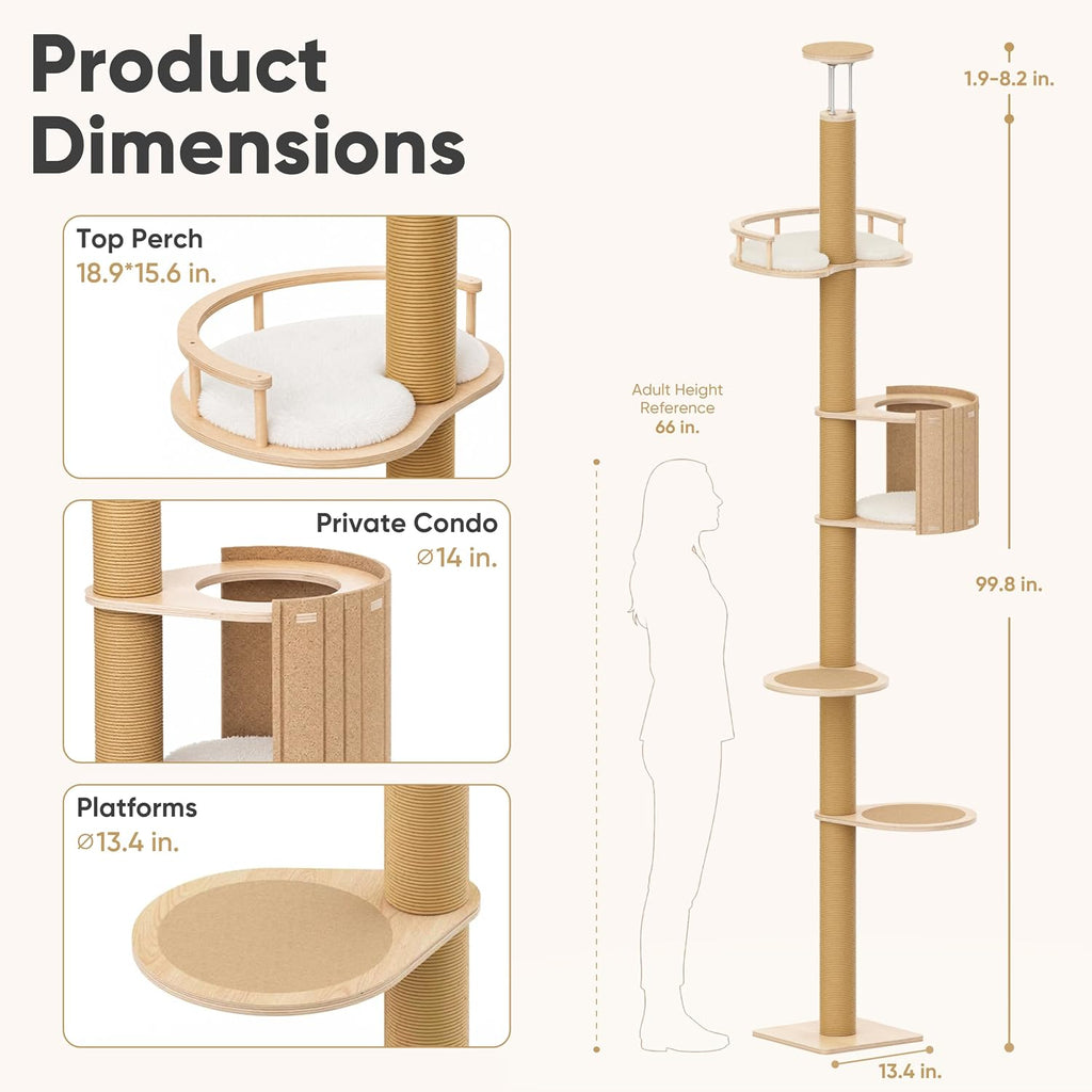 FUKUMARU Floor to Ceiling Cat Tree, 78-108in (6.5–9ft) Adjustable Cat Tower