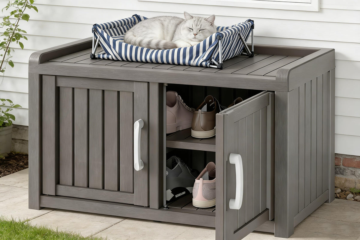 2-Tier Storage Bench, Waterproof UV-Resistant Outdoor Shoe Storage Cabinet with 2 Doors & Adjustable Shelves for Indoor Outdoor Entryway, Hallway, Living Room(Black)