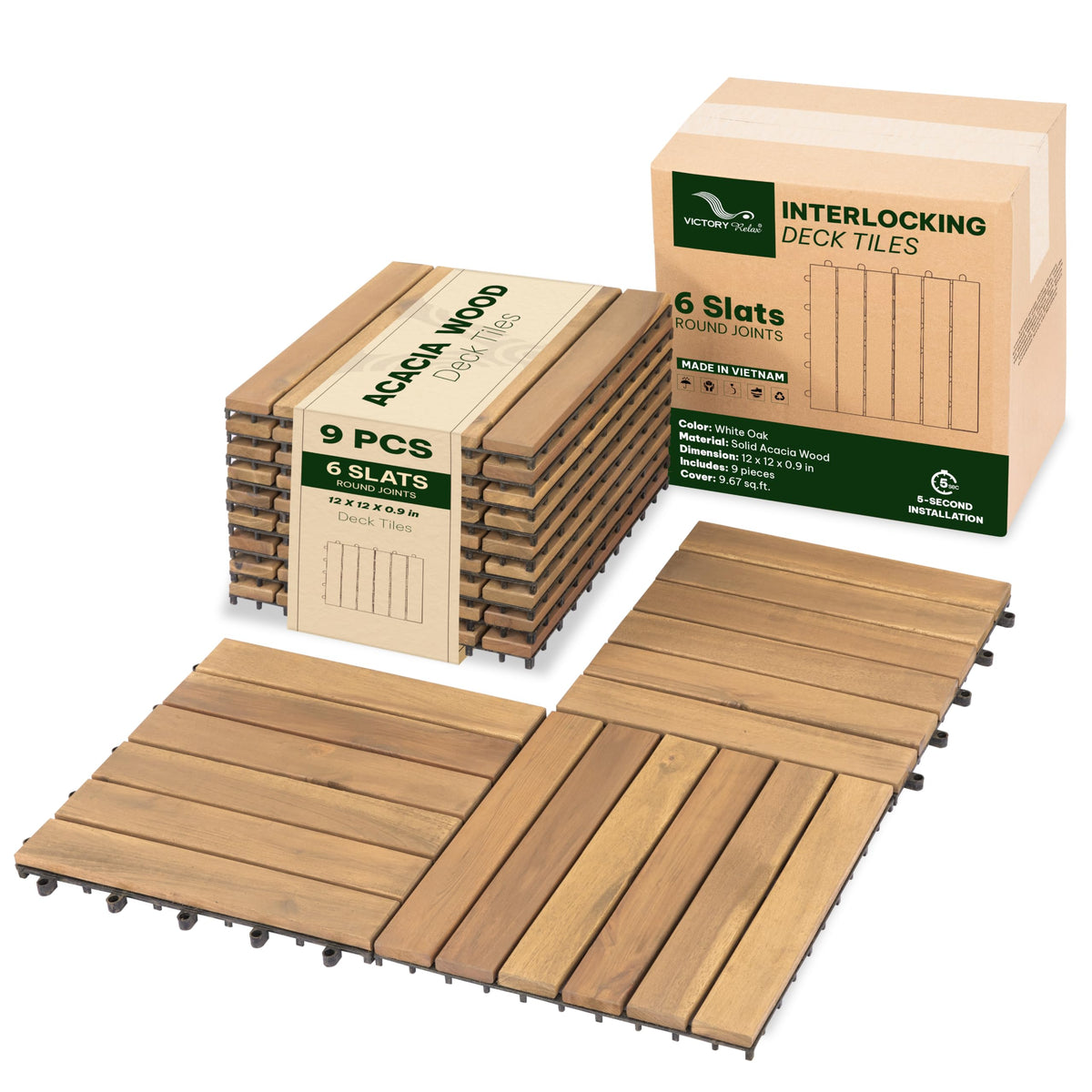 VICTORY RELAX Natural Acacia 12x12 Interlocking Wood Deck Tiles for Balcony, Garden, Patio, Poolside Decor - Waterproof Indoor & Outdoor Flooring - 12 Slats, Round Joints, Pack of 27, Natural Color