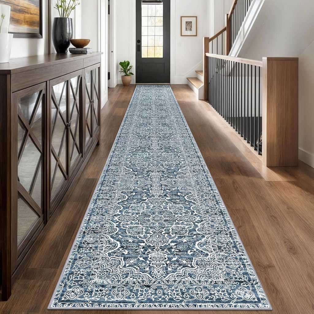 KUTA Vintage Extra Long Runners for Hallways 2.6x18ft Washable Blue White
