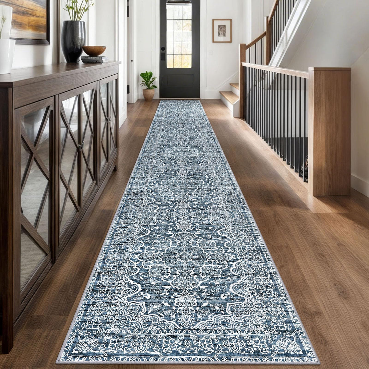 KUTA Vintage Extra Long Runners for Hallways 2.6x18ft Washable Blue White
