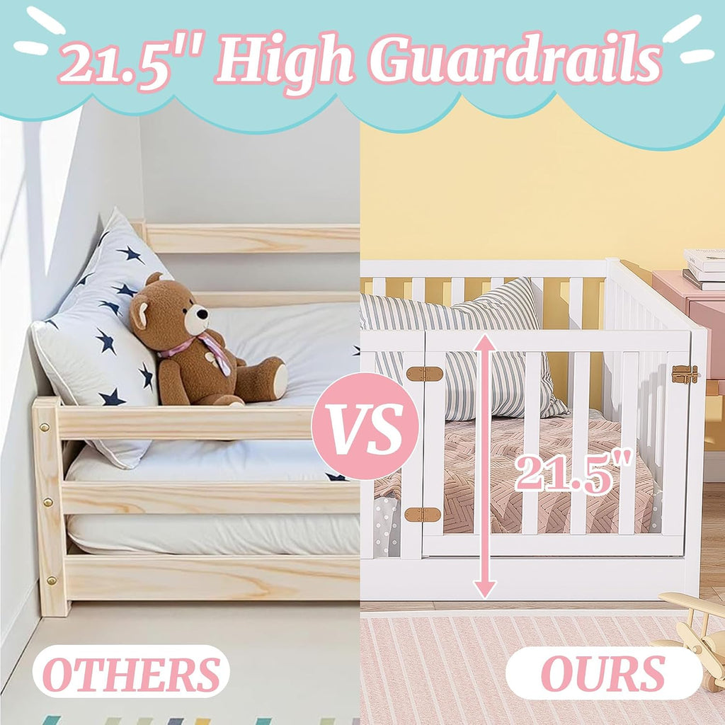 Twin Montessori Floor Bed with High Rails, Door & Slats for Kids, White