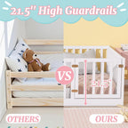 Twin Montessori Floor Bed with High Rails, Door & Slats for Kids, White