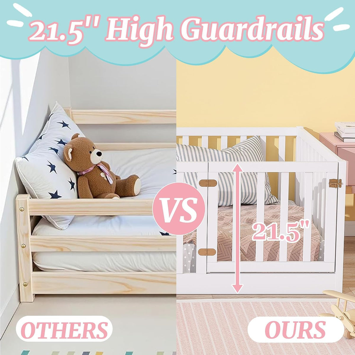 Twin Montessori Floor Bed with High Rails, Door & Slats for Kids, White