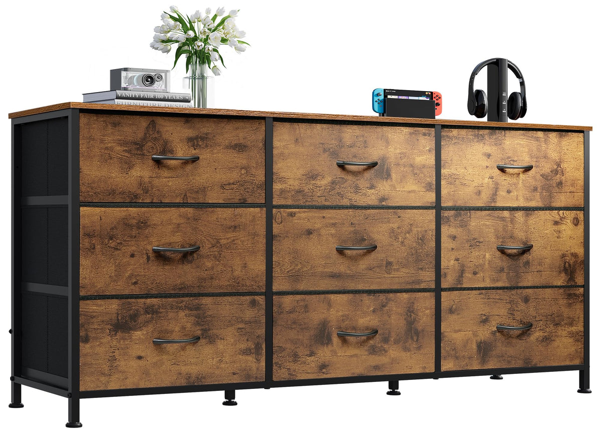 WLIVE Dresser TV Stand for 55 Inch TV, 9 Drawer Dresser for Bedroom, Black