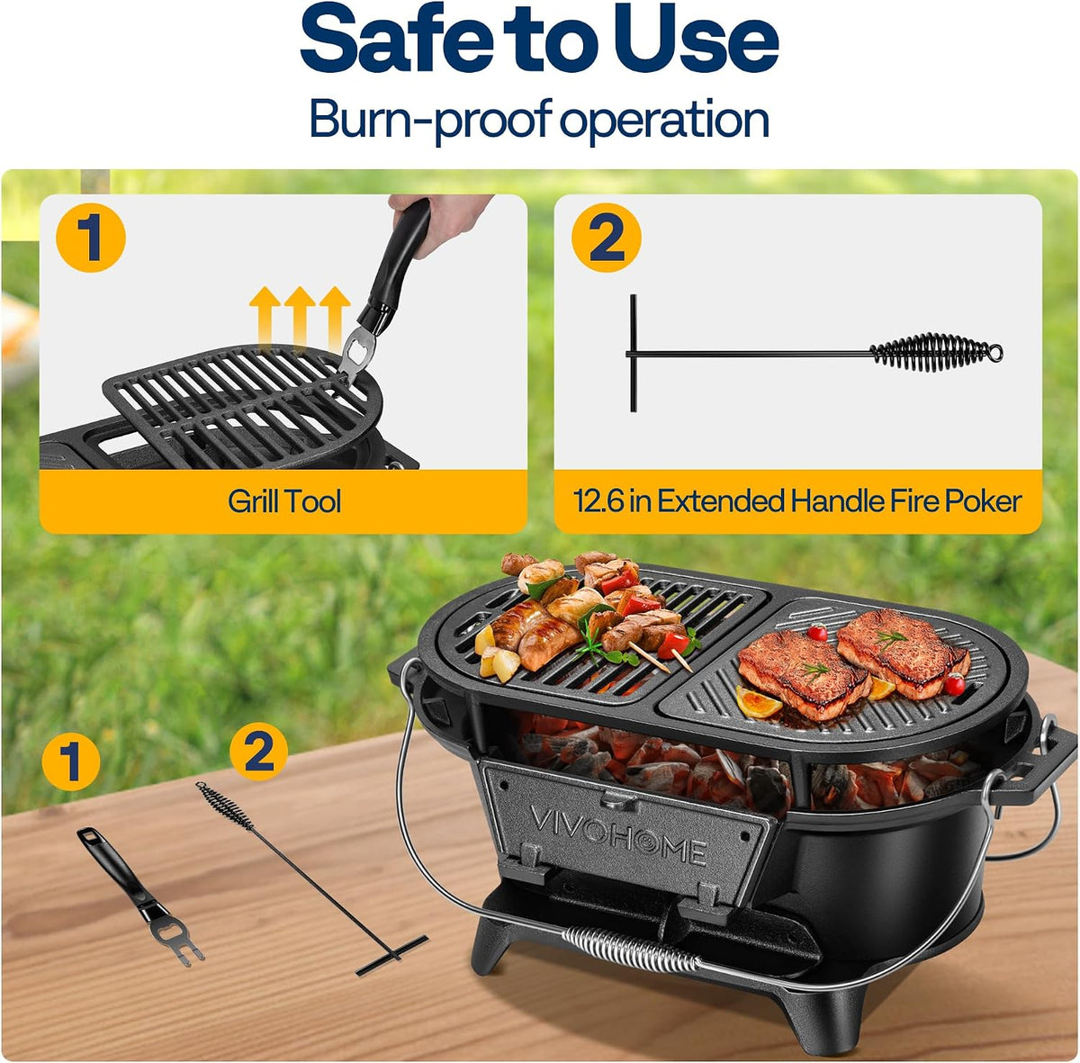 VIVOHOME Oval Cast Iron Grill with Interchangeable Grates & Griddle