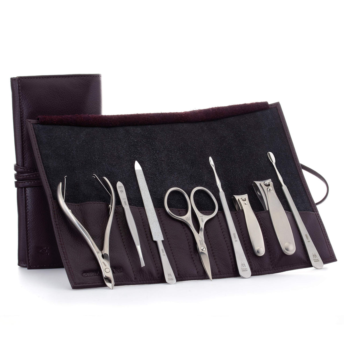 GERMANIKURE 7pc Manicure & Pedicure Set, FINOX Steel, Purple Leather Roll