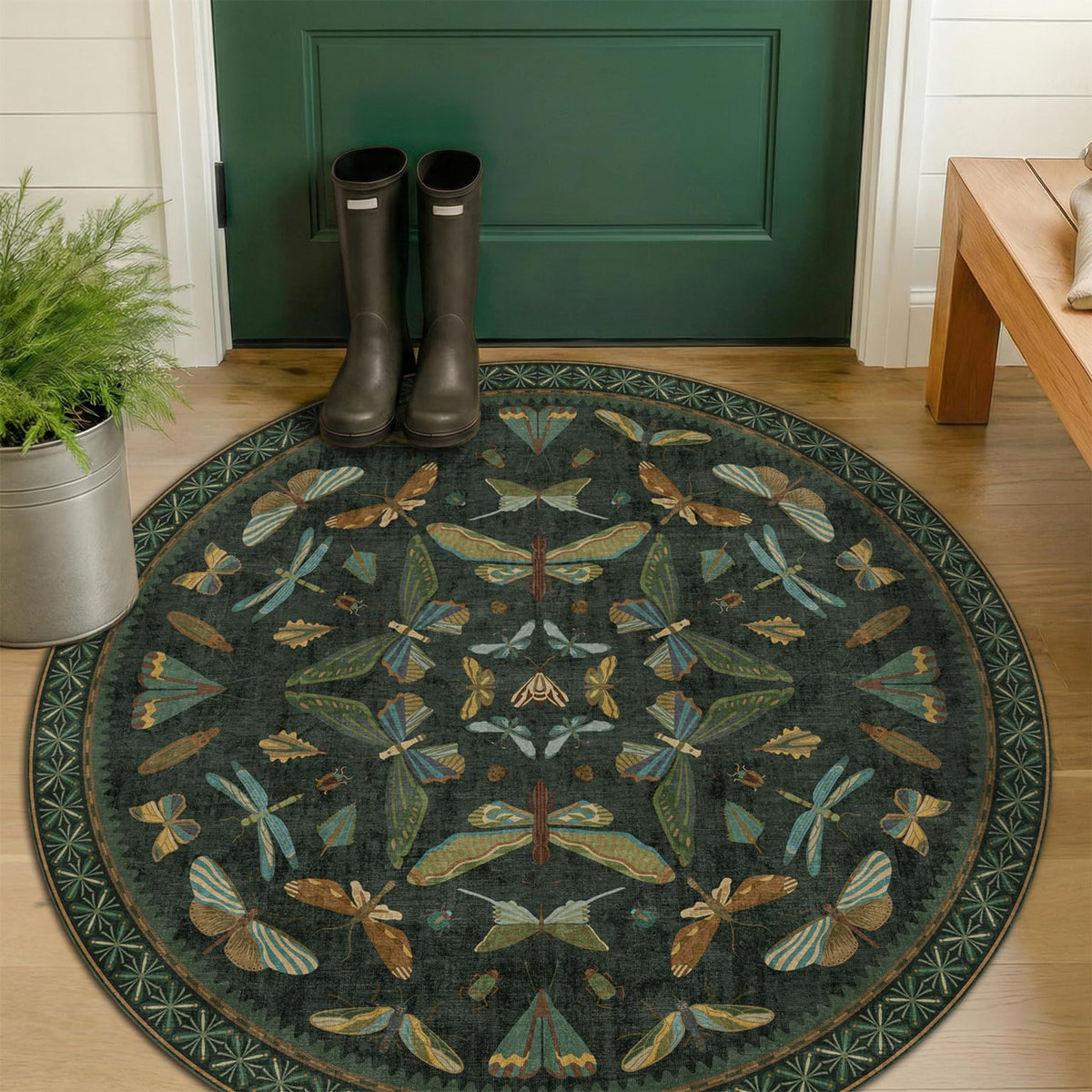Hazo Haus Dark Green Insect Area Rugs 8x10 for Living Room, Dining Room Under Table, Bedroom, Unique Washable Floral Non Slip Low Pile Soft Rug