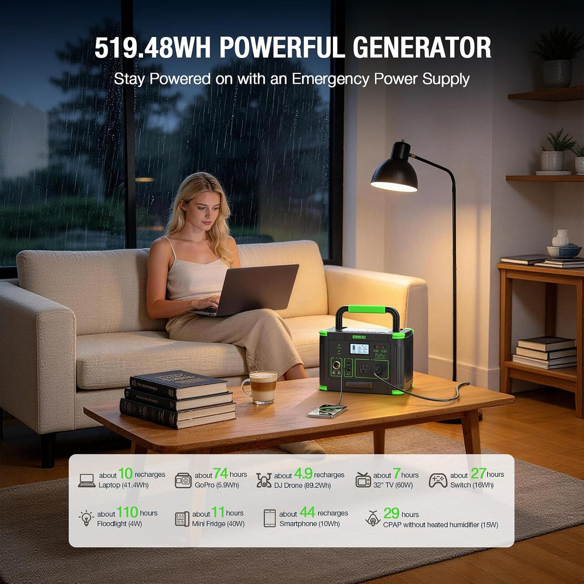 Portable Power Station 500W (Peak 1000W), 519.48Wh Outdoor Solar Generator