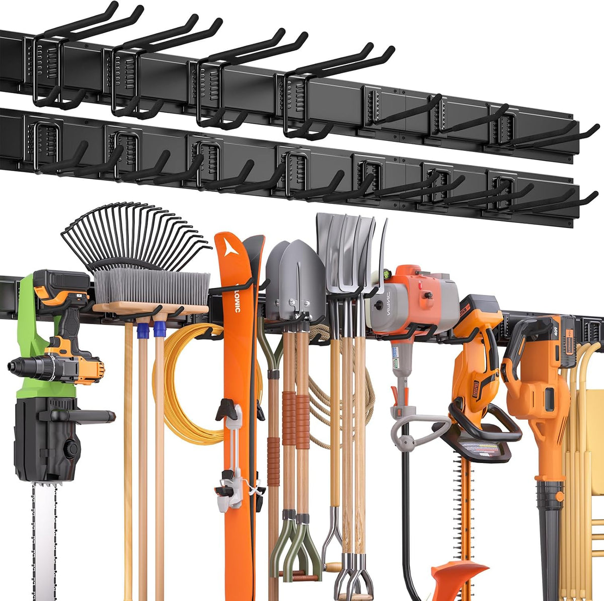 99 Inches Garage Storage, UUP Garage Organization, Wall Mount Garden Tool Organizer, Max 1000lbs Adjustable Metal Hook, Yard Shed Hanging Utility Rack, Heavy Duty Shelving for Rake Broom Mop Snowboard