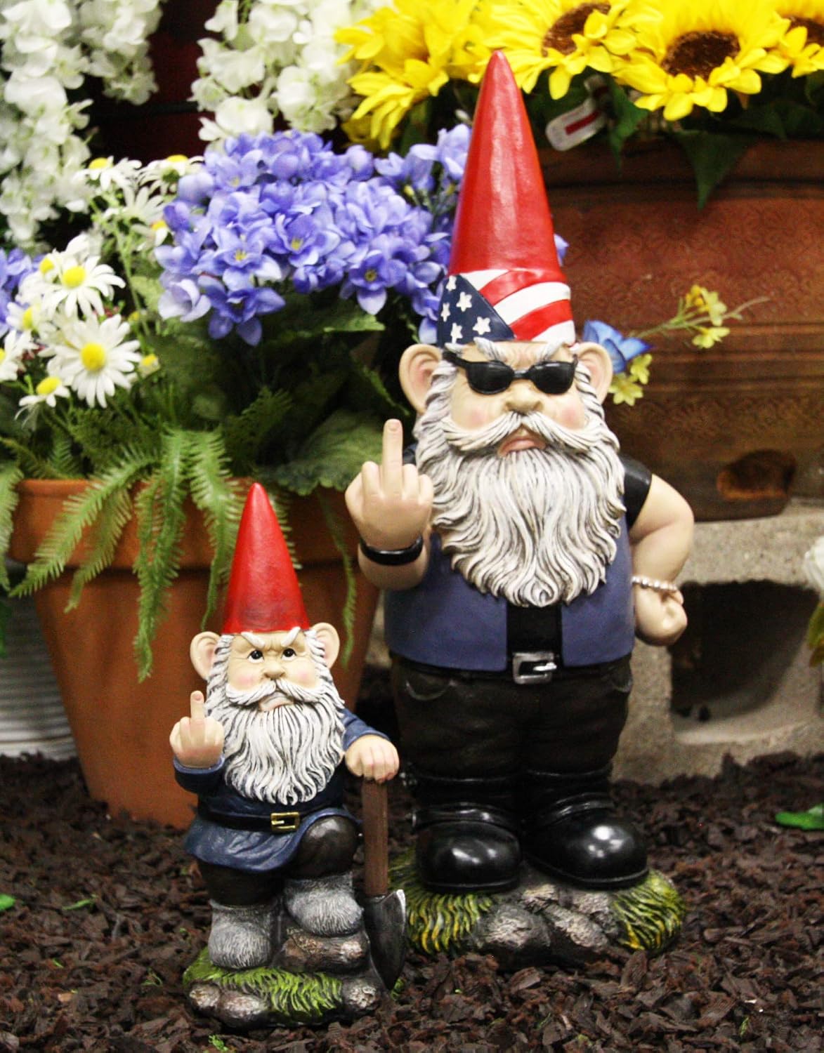 Ebros Garden Greeter Go Away! Unwelcome Gnomes Flipping Double Birds Statue Patio Outdoor Poolside Garden Figurine As Whimsical Decor Magical Fantasy Gnome (Set of 2 Rude Gnomes)