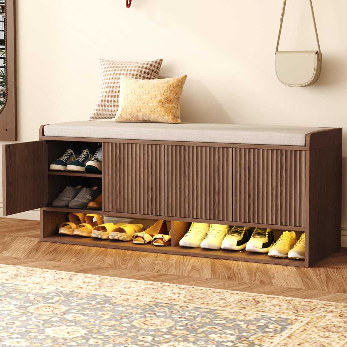 HOMEFORT 47.2" Fluted Shoe Storage Bench, Entryway Bench with Linen Seat Cushion, Shoe Cabinet Bench with Adjustable Shelf and Built-in LED Sensor Light, Bench for Bedroom End of Bed, Natural Oak