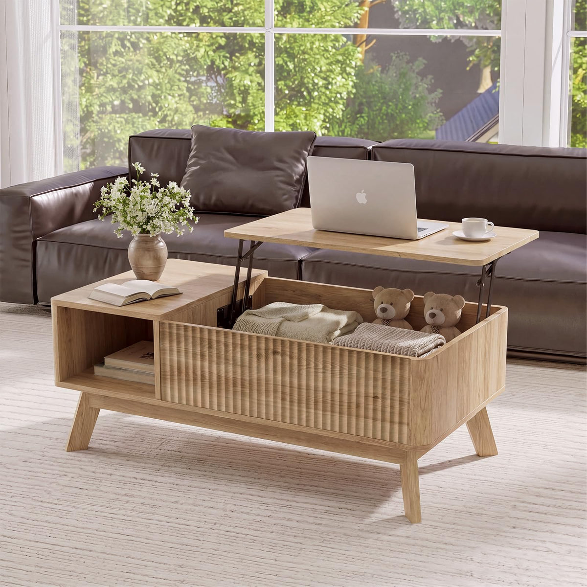 Lift Top Coffee Table, Fluted Hidden Storage Table for Living Room, Walnut