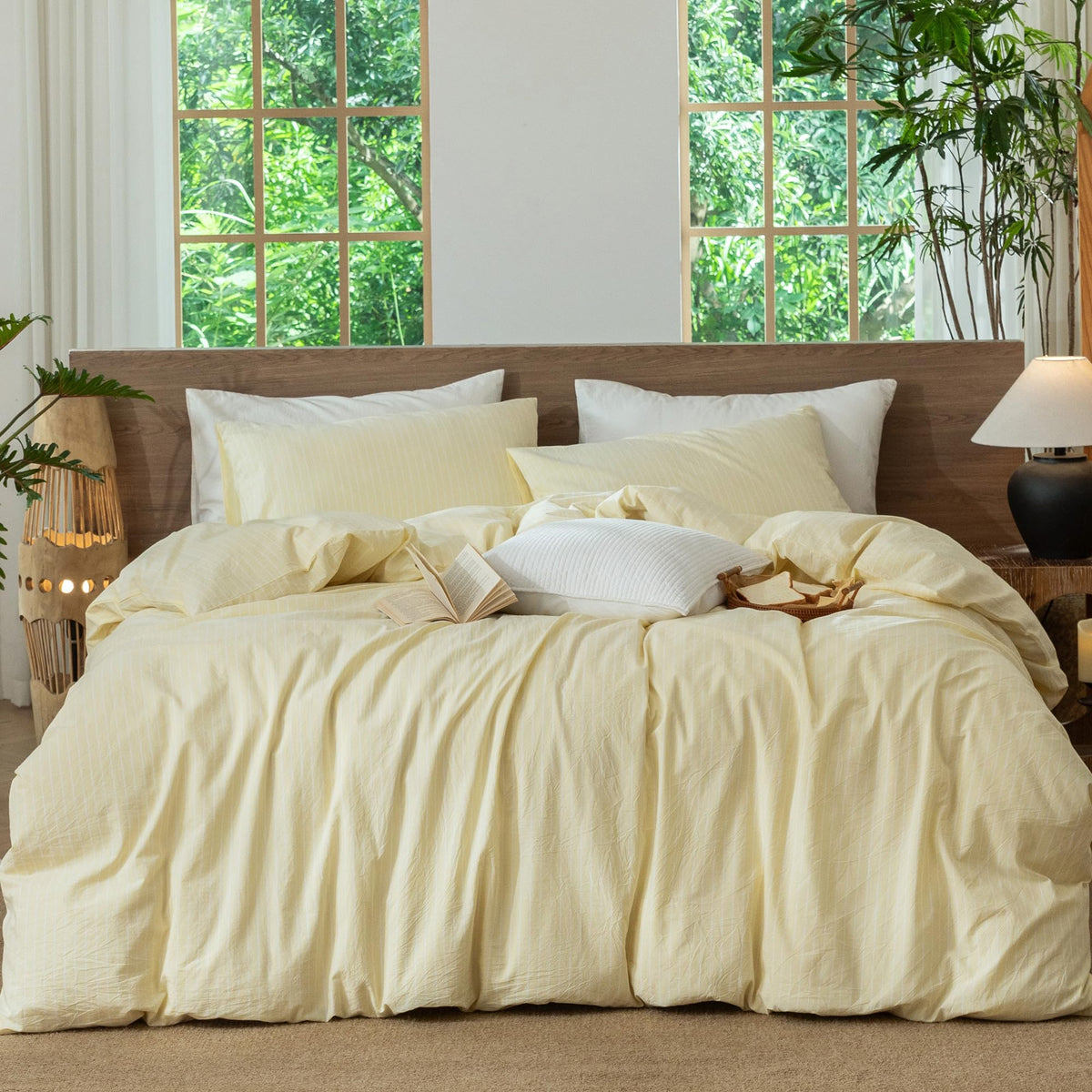 MooMee Striped Duvet Cover Set 100% Washed Cotton Linen Like Queen