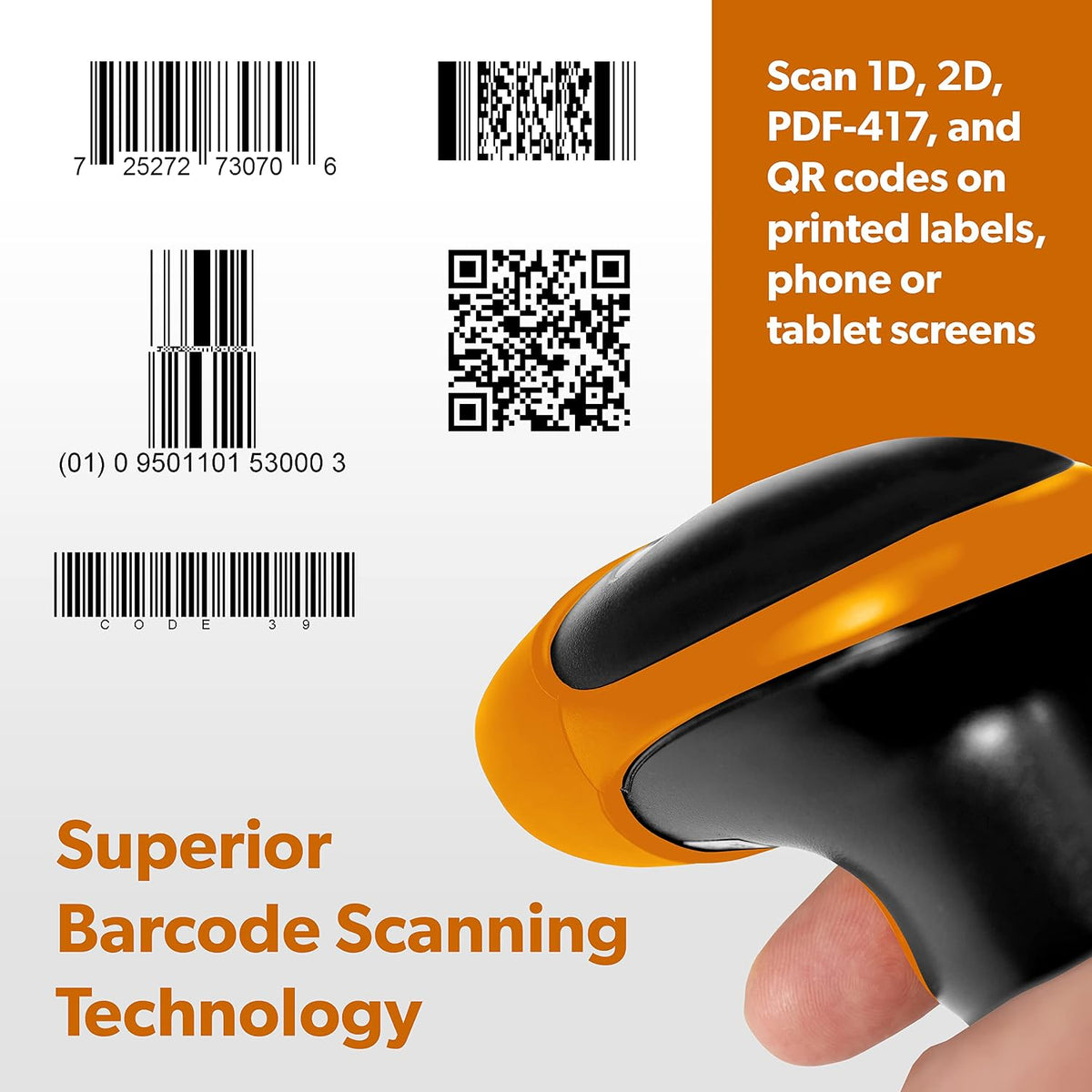 AMBIR BR300 Wireless Barcode Scanner: Supports-1D,2D,PDF417, & QR barcodes. OS: Win, Mac, Linux, Android-Black/Orange