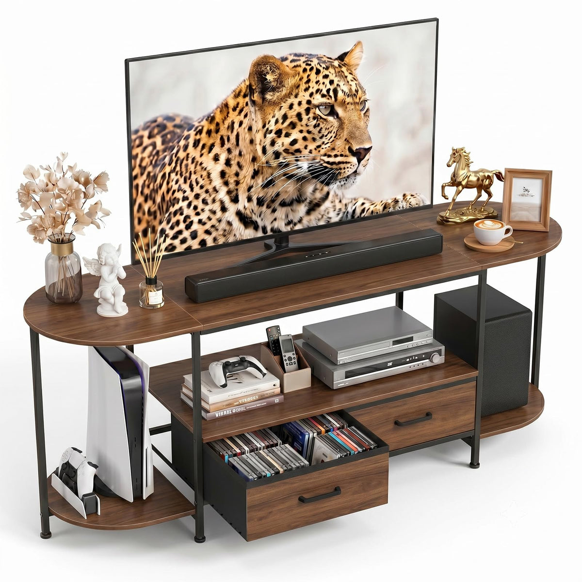 Faesun 63" TV Stand for TVs up to 75 Inches, Curved Edge Media Console & Entertainment Center with 2 Fabric Drawers, Modern TV Console Table for Living Room or Bedroom, Rustic Brown
