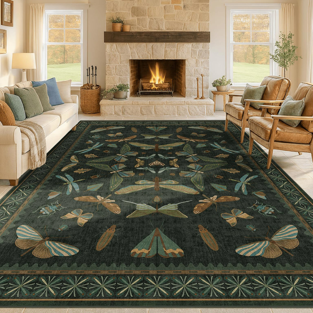 Hazo Haus Dark Green Insect Area Rugs 8x10 for Living Room, Dining Room Under Table, Bedroom, Unique Washable Floral Non Slip Low Pile Soft Rug