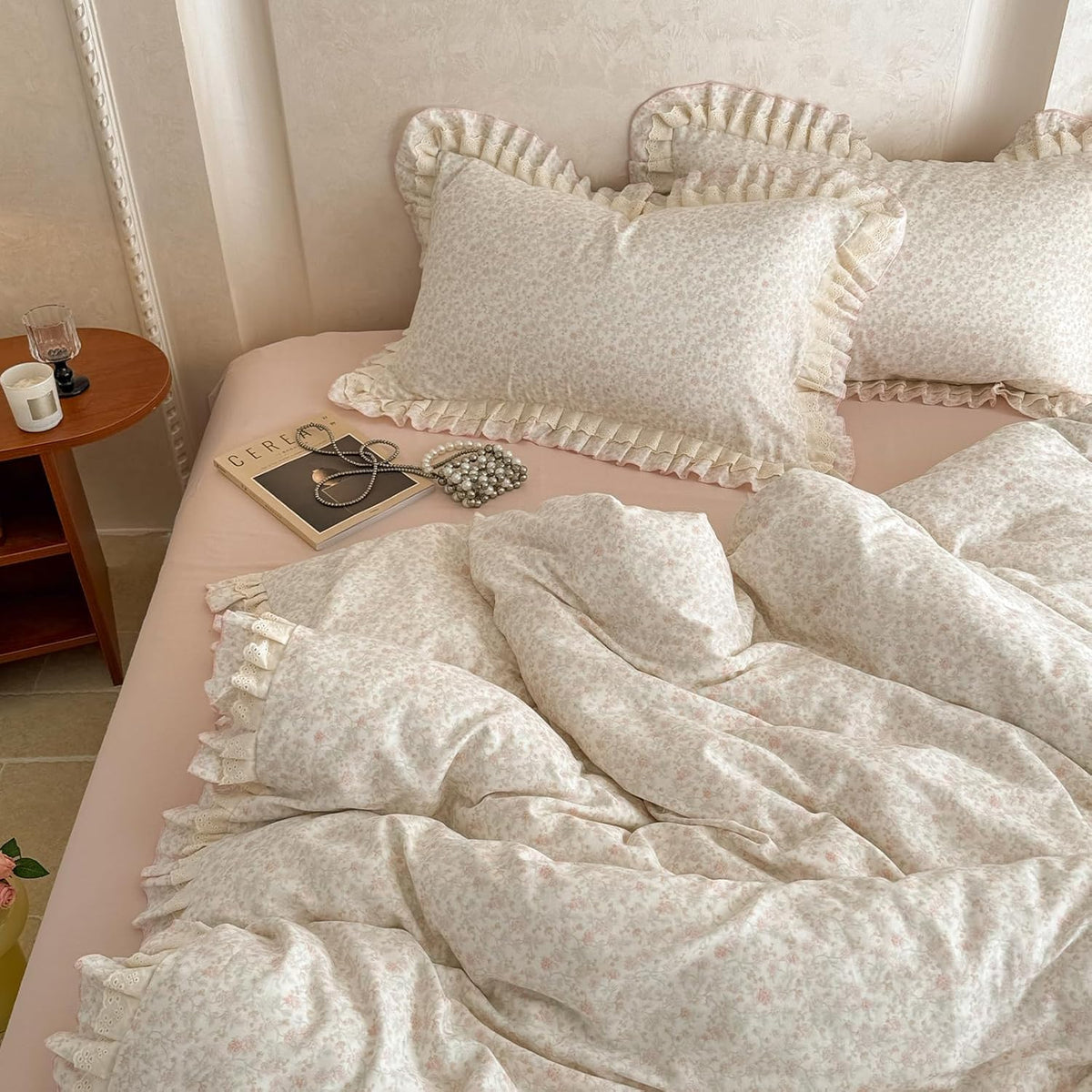 Floral Duvet Cover Set Muslin Cotton Queen(90"x90"),Pink Flower