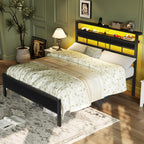 Furnulem Full Size Bed Frame, Storage Headboard, LED & Charger, Black Oak