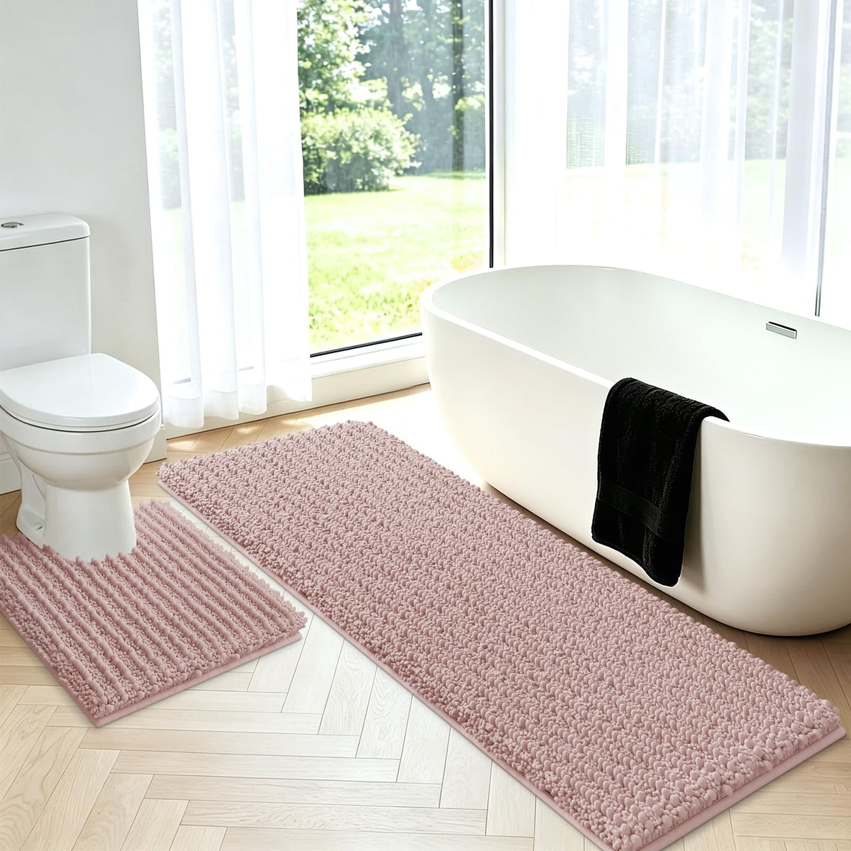 ACCUMTEK Upgrade Extra Large Black Bathroom Rug Set 3 Pieces Ultra Soft, Thick Absorbent Bath Mats, Non Slip Chenille Toilet Mat for Bathroom, Bedroom, Kitchen