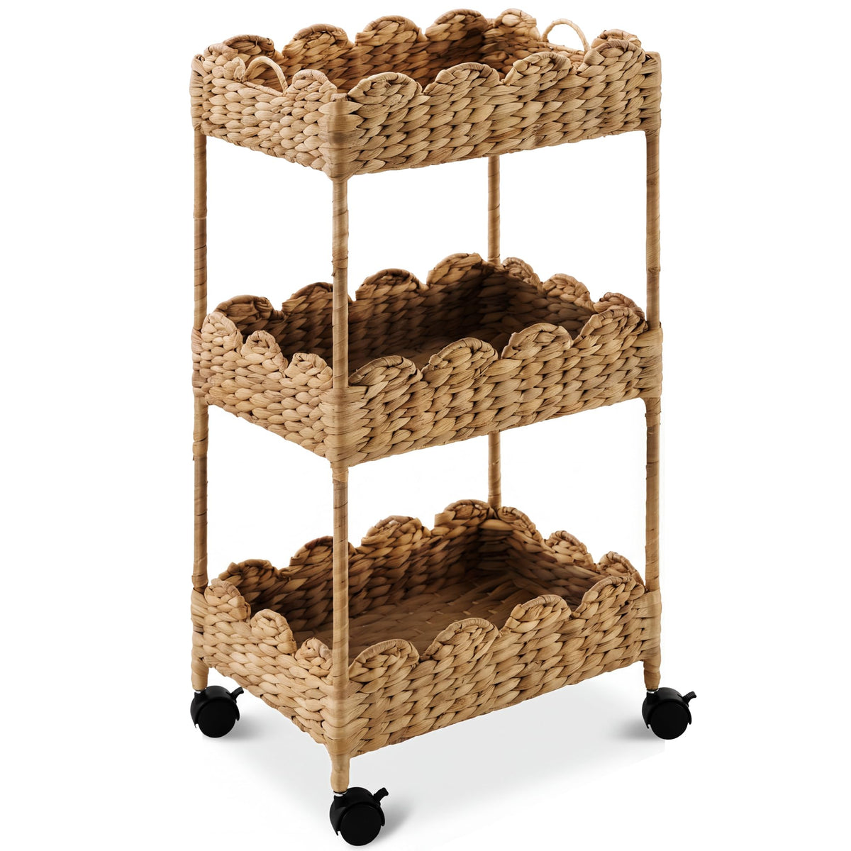 Best Choice Products 3-Tier Scalloped Nursery Caddy w/Wheels, Handwoven Utility Cart, Storage Organization for Bathroom, Craft Room, Laundry Room - Chestnut