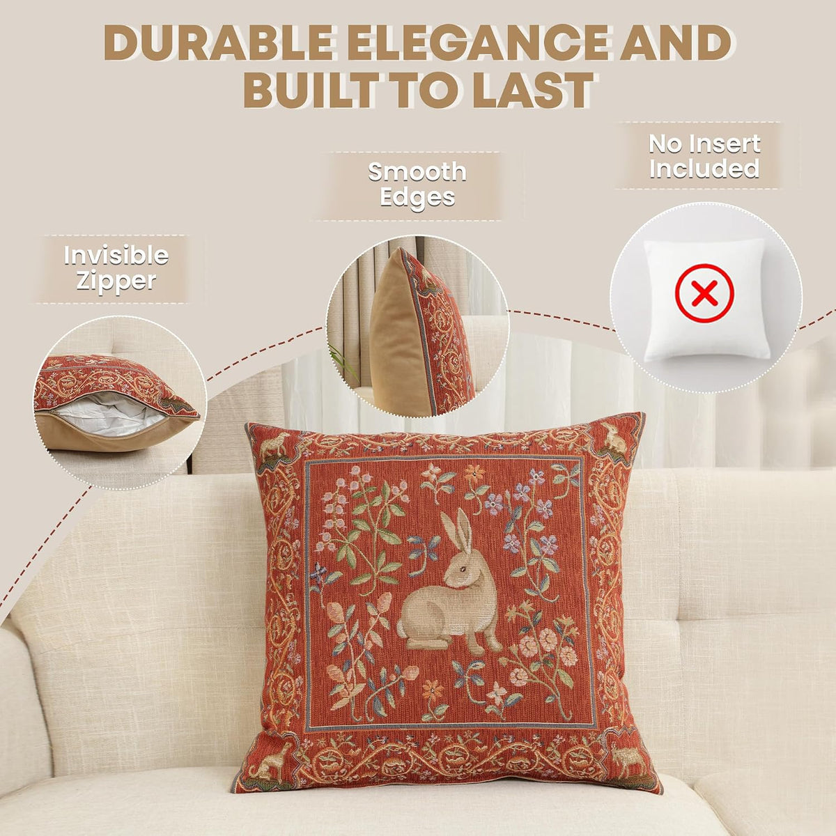 Medieval Rabbit I Tapestry Throw Pillow Cover 19"x19" With Invisible Zipper