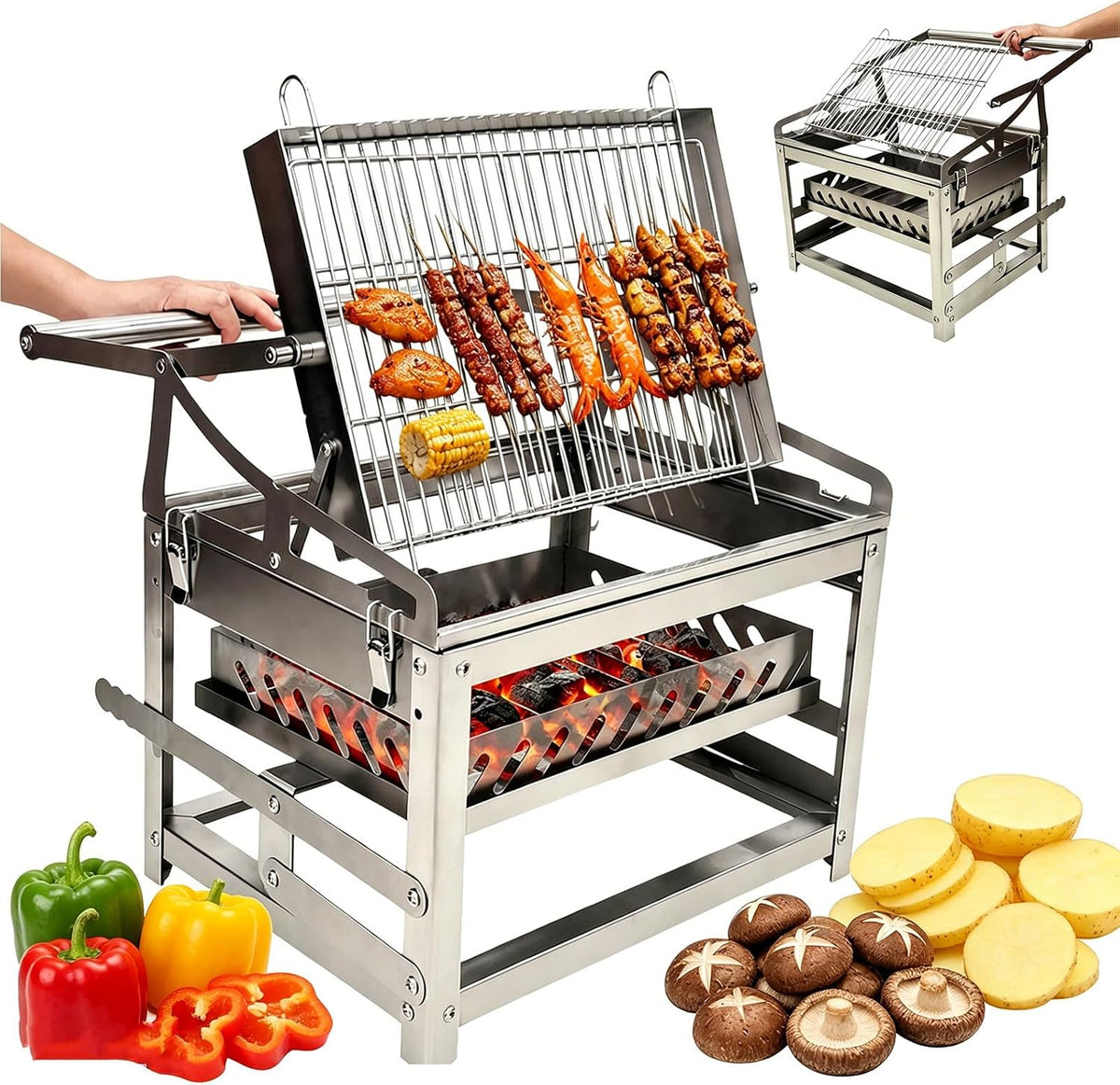 Stainless Steel Charcoal Grill Portable 360 Rotating BBQ Roaster