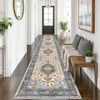 KUTA Vintage Extra Long Runners for Hallways 2.6x18ft Washable Blue White