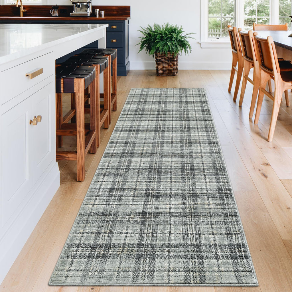 Modern Washable 8x10 Area Rug - Soft, Non-Slip, Stain Resistant, Farmhouse Tartan Plaid for Living Room, Bedroom, Nursery, Office - Beige
