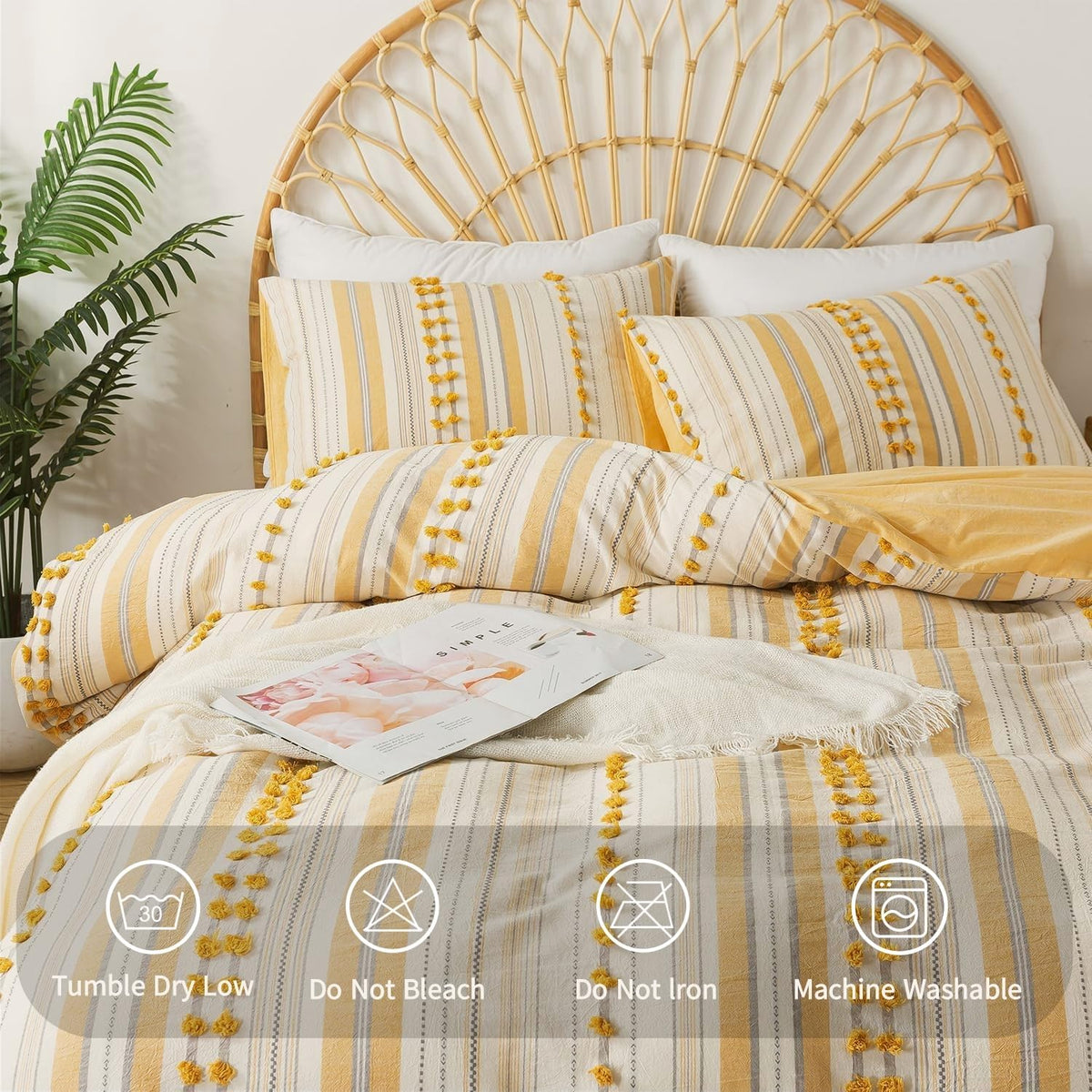 Washed Cotton Queen Size Duvet Cover Set - Tufted Dots Boho Chic Bedding for All Seasons, Striped Pom Pom Bedding Linen Like Textured Breathable Durable Soft Comfy (Yellow, 90x90'')