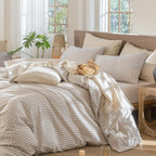 MooMee Striped Duvet Cover Set 100% Washed Cotton Linen Like Queen