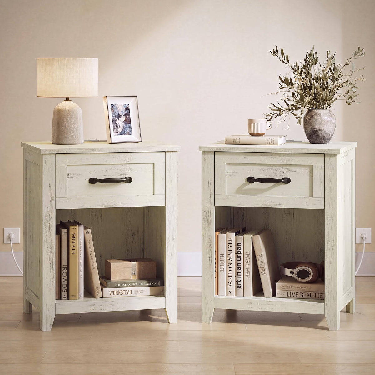 VASAGLE Farmhouse Nightstands with Charging Station, 1 Drawer, Set of 2