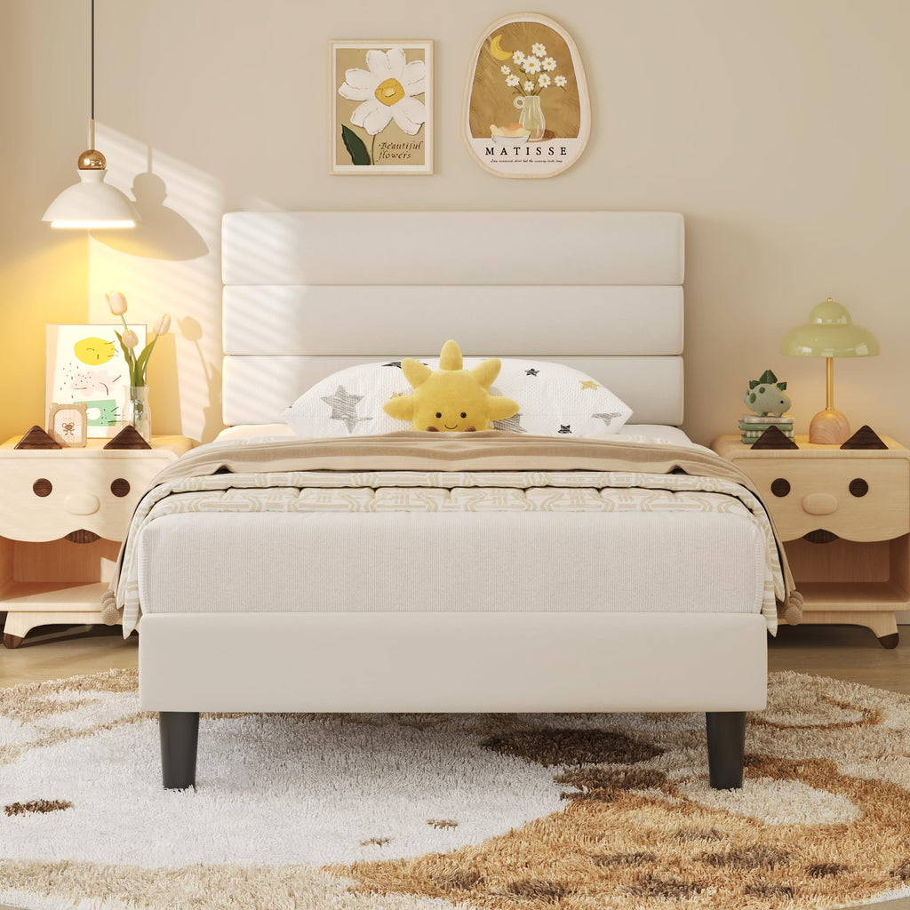 Fluest King Size Bed Frame, Platform Bed Frame with Velvet Upholstered Headboard, No Box Spring Needed, Sturdy Metal Support, Noise Free, Easy Assembly, Beige