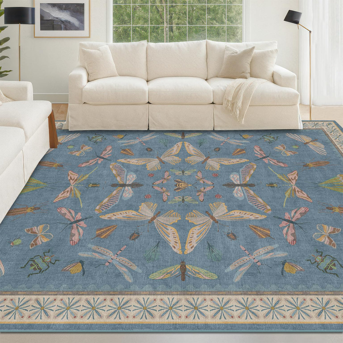 Hazo Haus Dark Green Insect Area Rugs 8x10 for Living Room, Dining Room Under Table, Bedroom, Unique Washable Floral Non Slip Low Pile Soft Rug