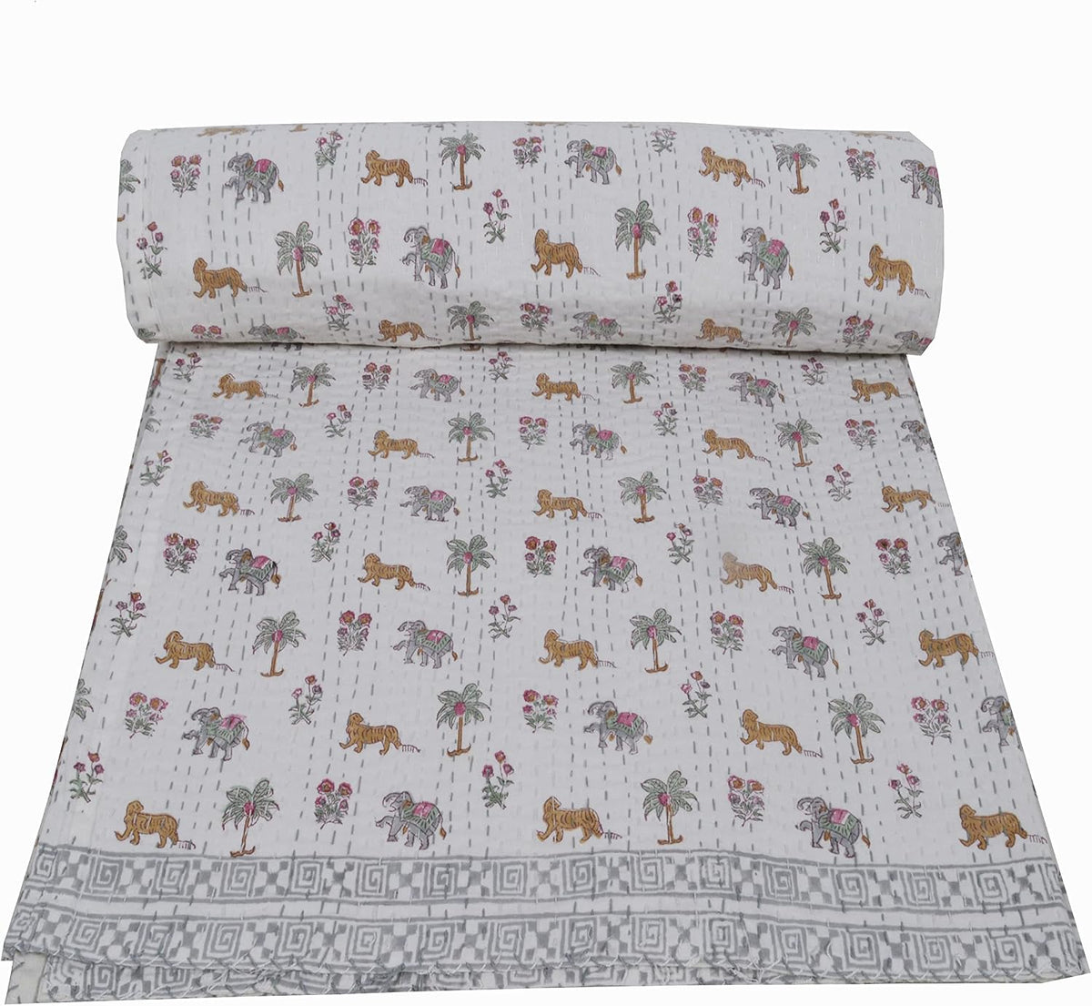 YUVANCRAFTS Indian Block Print Quilt Queen Kantha Quilts Kantha Throw Kantha Bedspread Blanket Cotton Bed Cover Vintage Quilt Boho Kantha Quilts Queen Size Quilt Blanket (Queen 90 X 108 Inch, White 4)