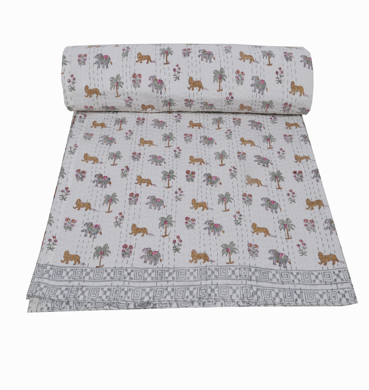 YUVANCRAFTS Indian Block Print Kantha Quilt Queen Size 90 x 108 Inch White 6-100% Cotton Bedspread Blanket Bed Cover Throw Vintage Boho