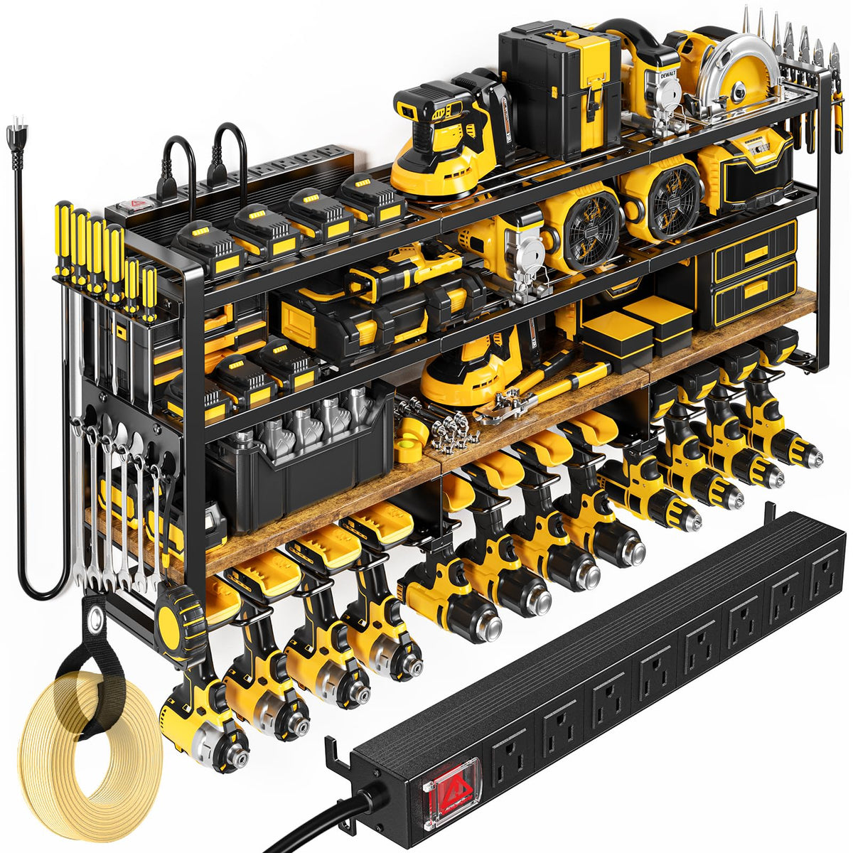POKIPO Power Tool Organizer Wall Mount with Charging Station, 4 Tier Tool Battery Storage Rack Built in 8 Outlet Power Strip for Garage, 49" W, Black